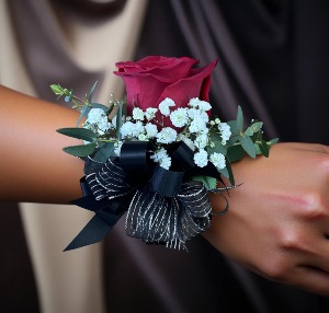 Red Ruby Black and Silver Ribbon with Red Ruby Rose