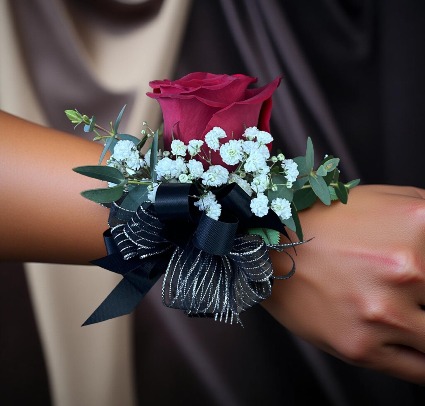Red Ruby Black and Silver Ribbon with Red Ruby Rose