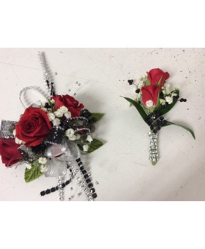 Red Spray Rose Corsage and Bounniere Set Cut Flowers