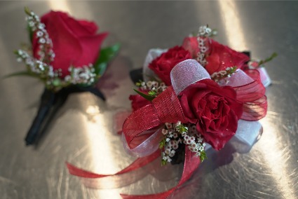 Red, White & Black  Wristlet & Boutonniere Set 