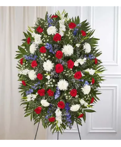 Red, White & Blue Sympathy Standing Spray Funeral Flowers
