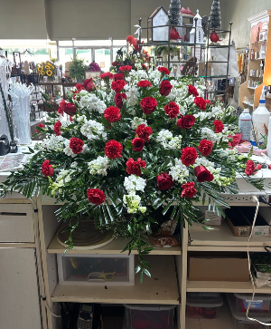 Red &  white casket spray  