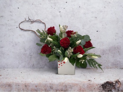 Red & White Kisses Roses and White Tulips