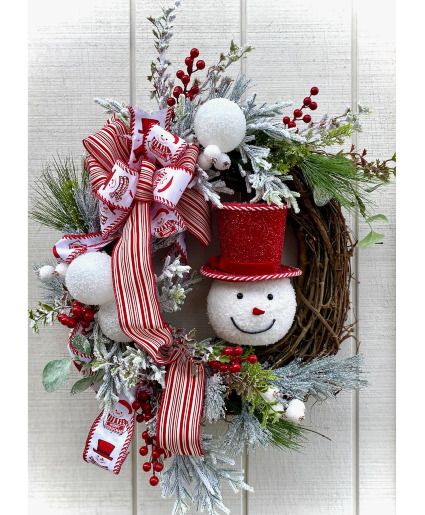 Red & White Snowman Wreath Wreath Powell Florist Exclusive