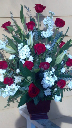 Red & White Sympathy Memorial Arrangement Fresh Arrangement