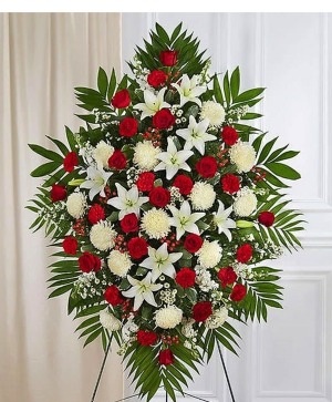  Large Red & White Sympathy Standing Spray 
