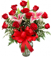 Classic Dozen Roses and Stargazers Vase Arrangement