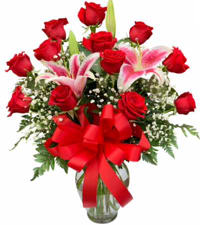 Classic Dozen Roses and Stargazers Vase Arrangement