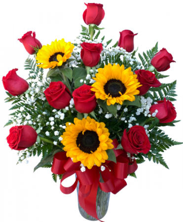 Heartfelt Dozen Roses and Sunflowers Vase Arrangement
