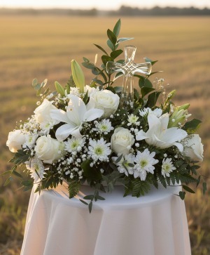 Religious Tribute Cross and Flowers 