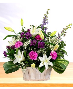 Cherished: Purple and White Basket Arrangement