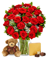 Romantic red rose bear and chocolate package  