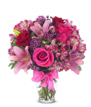 Rose and Lily  Red and Pink in Vase with Pink Bow 