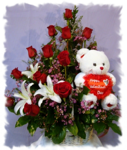 Rose Basket With a Side Bear Valentine's Day