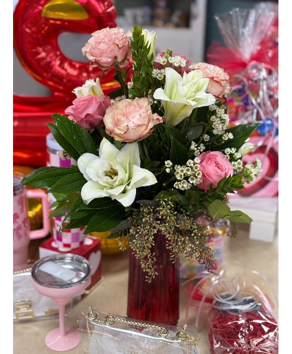 Rose Lilly roses and lilies with filler and euclyptus 