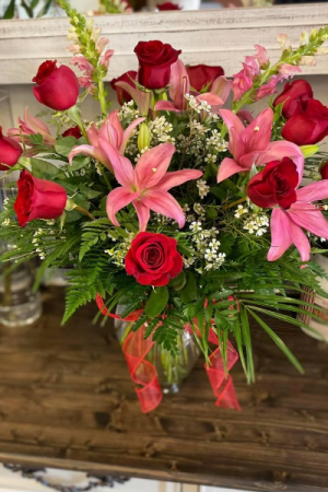 Rose & Lily Bouquet Red Roses, Pink Lilies & Pink Snaps
