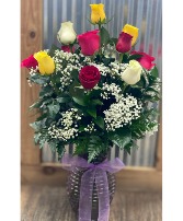 Rose Vase 1 Dozen Colored Roses in Glass Vase