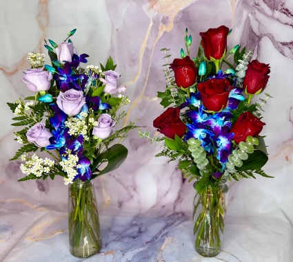 Roses and Dendro Orchids Choice of Either purple or red Roses and Dendros
