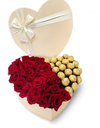 HEART SHAPED Boxed Roses with Ferrero Rocher 