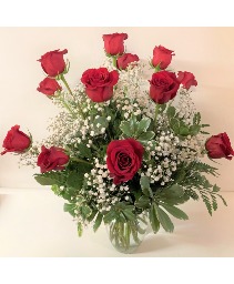 Red Roses Rounded Clear Glass Vase