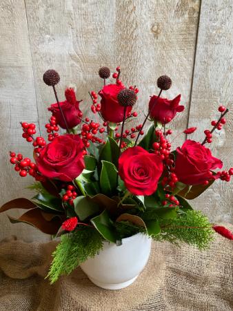 Roses in the snow  arrangement 