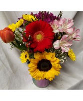 RUSH OF COLOR BOUQUET...irredescent (E) pin masonJar filled with seasonal bright mixed flowers! ( jar color and flowers may vary) and 