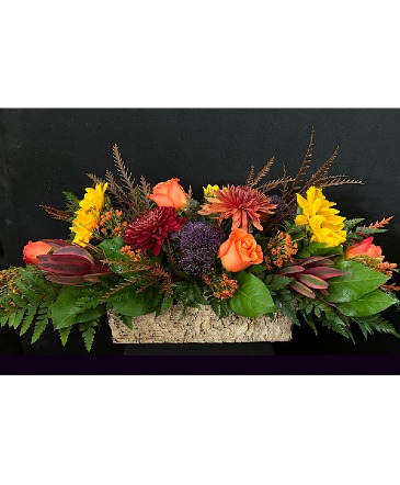  Autumn Sunrise Centerpiece Bark Containers in Ballwin, MO | ZENGEL FLOWERS AND GIFTS