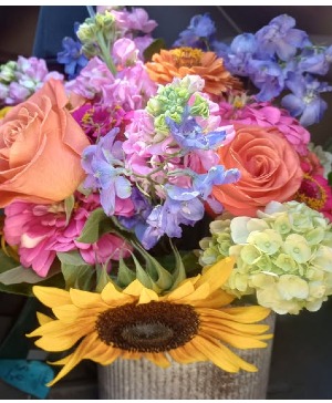  Rustic summer arrangement l zinnias and sunflowers & roses