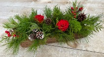 Rustic Log Holiday Centrepiece with winter greenery and  roses