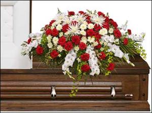 GRACEFUL RED & WHITE CASKET SPRAY  Funeral Flowers