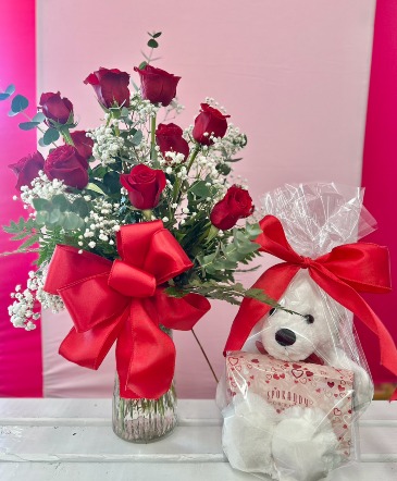 Sandy's Sweetheart Special Dozen Roses, Adorable Stuffed Animal & Chocolates in Morehead City, NC | Sandy's Flower Shoppe