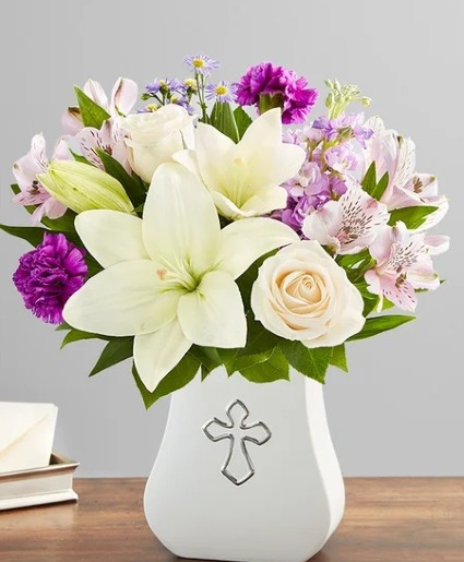 Sacred Blessings Lavender and White  cross vase