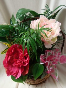Planter with silk pink peonies or silk      (P) flowers ...keepsake for someone to take home after services.