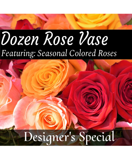 Seasonal Dozen Roses Vase Arrangement