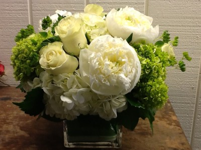 Seasonally Fresh Hydrangea and Rose Arrangement Dense Square Cube