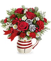 SEND A  HUG FROSTY STRIPE MUG CHRISTMAS ARRANGEMENT