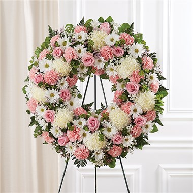 Serene Blessings Pink & White Standing Wreath Sympathy Arrangement