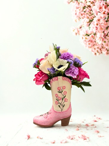 She's Gone Country Flower Arrangement in Ceramic Boot Vase in Mechanicsville, VA | Christy's Cottage - Home of Flowers by Zoie
