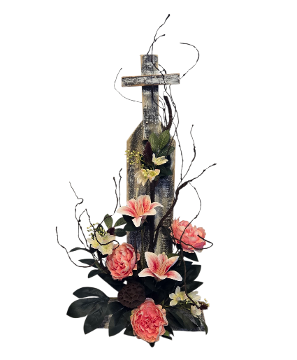 Silk Flowers on Standing Cross 