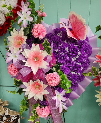 Silk Heart with Pinks and Purple Standing Spray