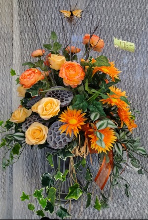 Silk Orange and Peach Flowers w/ Pea Pods in Urn 