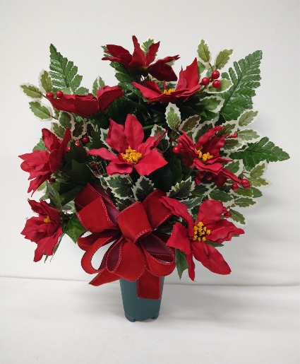 SILK POINSETTIAS AND HOLLY CEMETARY CONE 