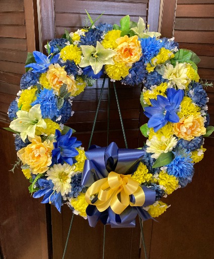 Silk Wreath in Blue/Yellow Silk Standing Spray