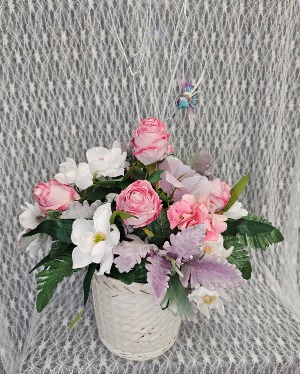 Silks - Basket of White & Pink Silk Flowers W/ Hum 