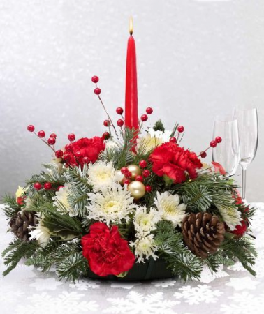 Single Candle Centerpiece Fresh Winter Greens Arrangement