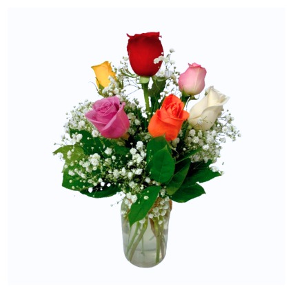 SIX ASSORTED ROSES IN A ROPE JAR 