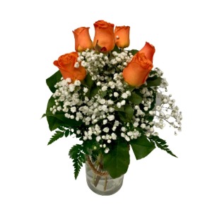 SIX ORANGE ROSES IN A ROPE JAR 