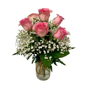 SIX PINK ROSES IN A ROPE JAR 