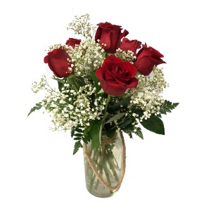 SIX RED ROSES IN ROPE JAR 