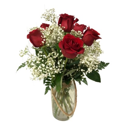 SIX RED ROSES IN ROPE JAR 